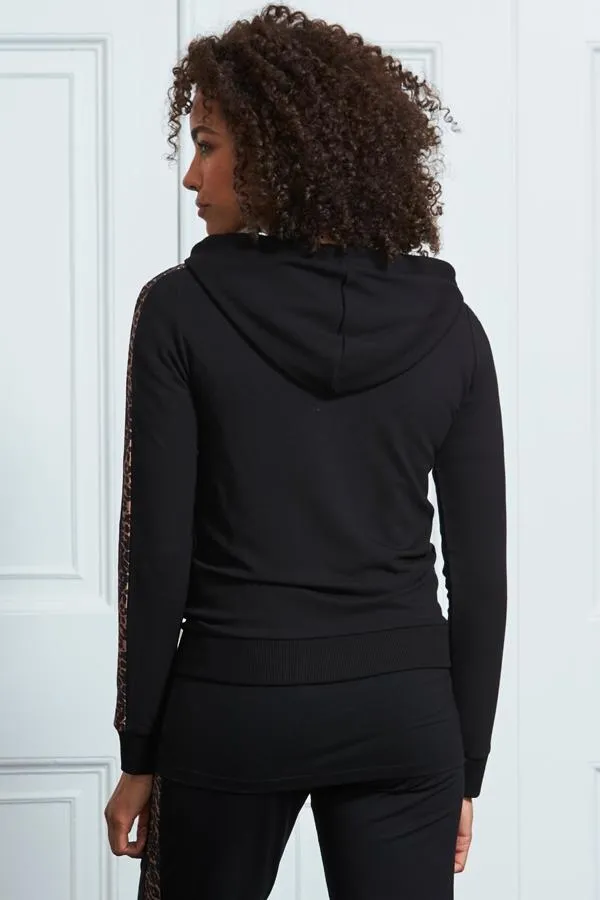 Sosandar Loungewear Women Black Leopard Stripe Hooded Top With Rose Gold Trim Black