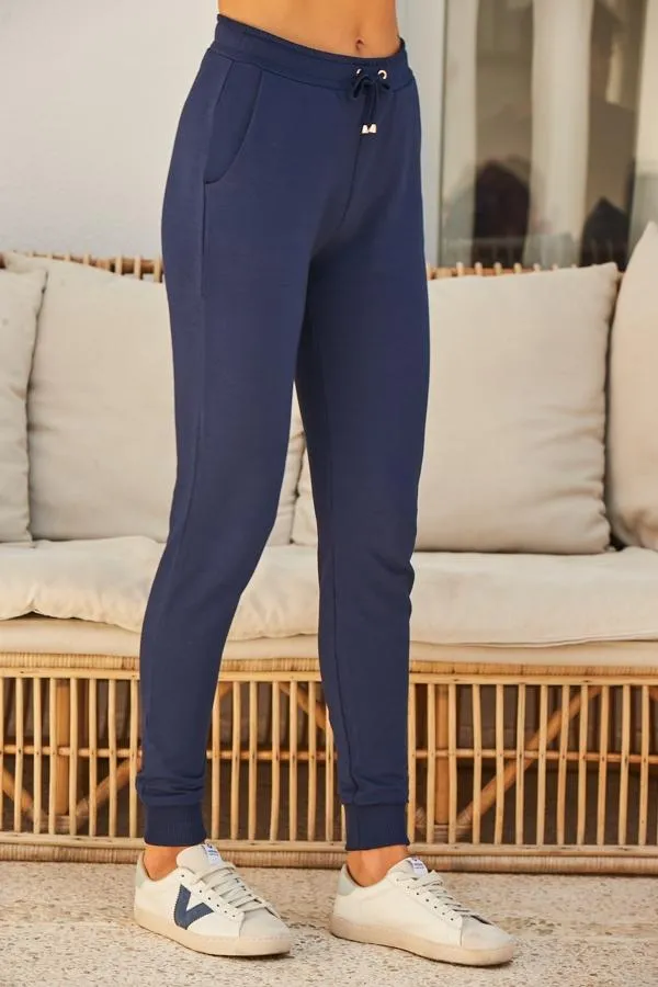 Sosandar Loungewear Women Navy Blue Premium Joggers With Rose Gold Trim Navy Blue
