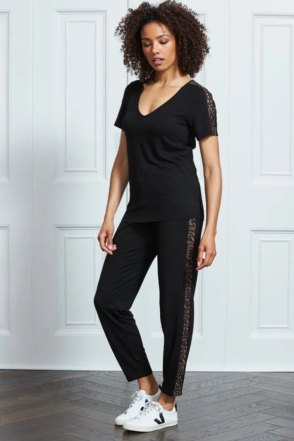 Sosandar Nightwear Women Black Leopard Print Side Stripe Jersey Joggers Black