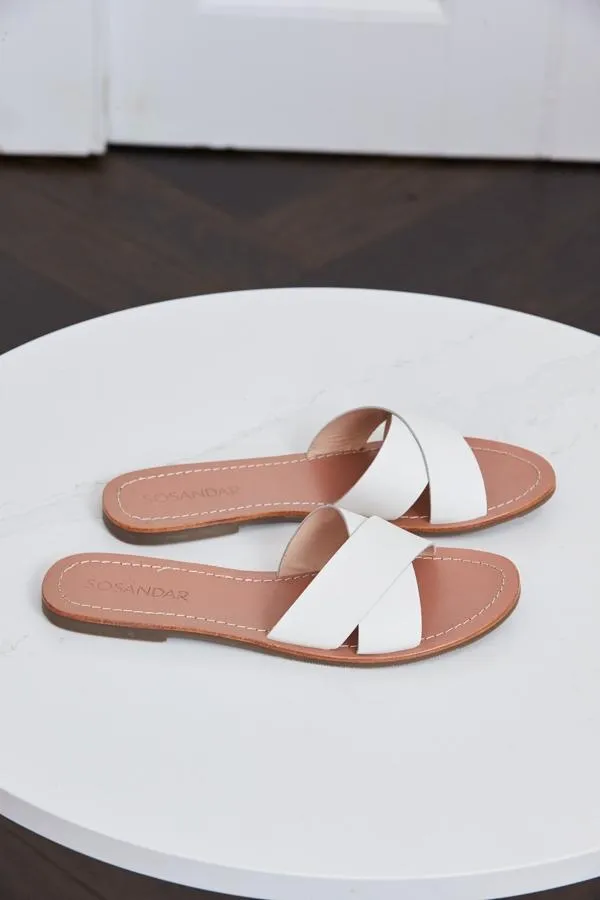 Sosandar Sandals and Flip Flops Women Lisbon Ivory Leather Cross Strap Mule Flat Sandal