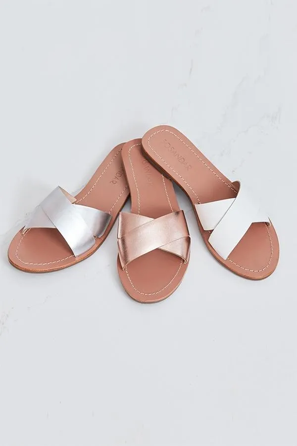 Sosandar Sandals and Flip Flops Women Lisbon Ivory Leather Cross Strap Mule Flat Sandal