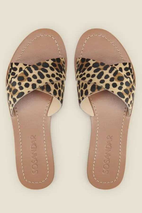 Sosandar Sandals and Flip Flops Women Lisbon Leopard Pony Cross Strap Mule Flat Sandal