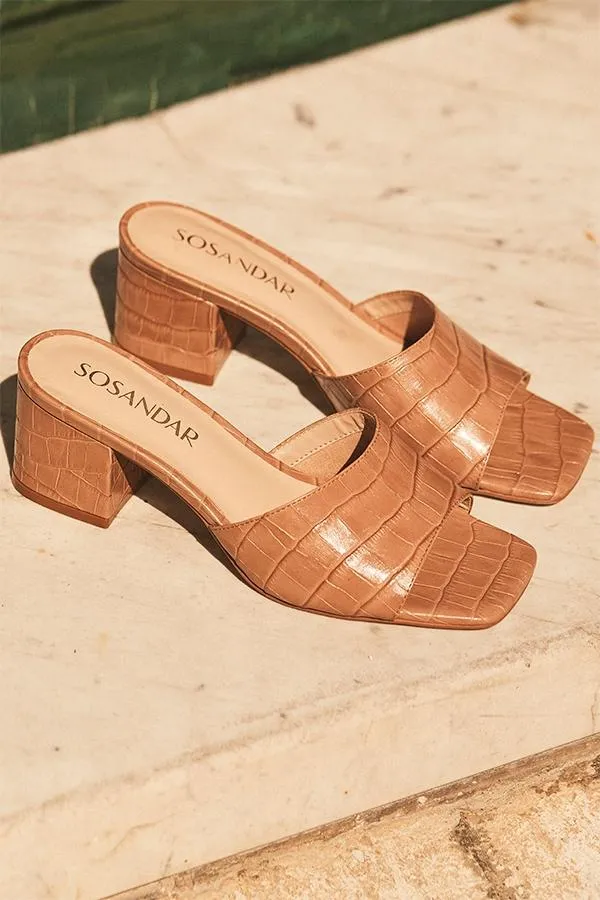 Sosandar Sandals and Flip Flops Women Marley Camel Croc Leather Square Toe Mule Sandal Camel Sosandar Sandals and Flip Flops Women Marley Camel Croc Leather Square Toe Mule Sandal Camel