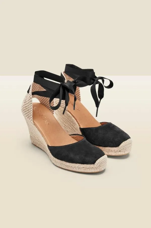 Sosandar Sandals and Flip Flops Women Perla Black Suede Valenciana Wedge Espadrille Black