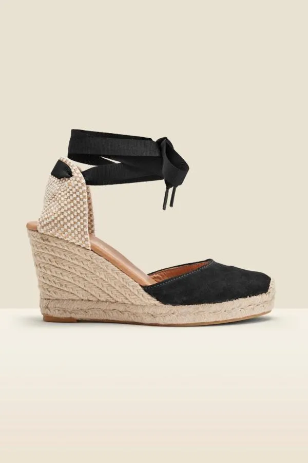 Sosandar Sandals and Flip Flops Women Perla Black Suede Valenciana Wedge Espadrille Black