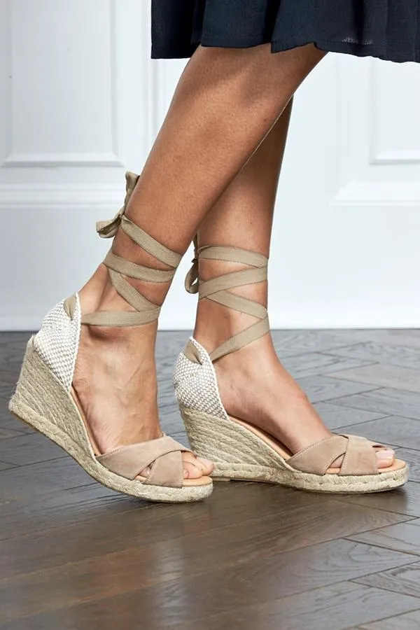 Sosandar Sandals and Flip Flops Women Pippa Taupe Cross Over Ankle Tie Wrap Wedge Espadrille Sosandar Sandals and Flip Flops Women Pippa Taupe Cross Over Ankle Tie Wrap Wedge Espadrille