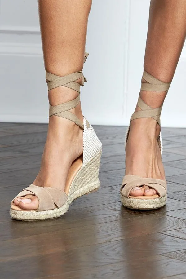 Sosandar Sandals and Flip Flops Women Pippa Taupe Cross Over Ankle Tie Wrap Wedge Espadrille