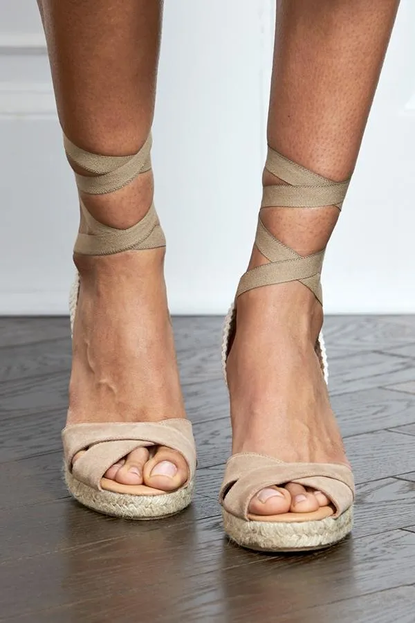 Sosandar Sandals and Flip Flops Women Pippa Taupe Cross Over Ankle Tie Wrap Wedge Espadrille