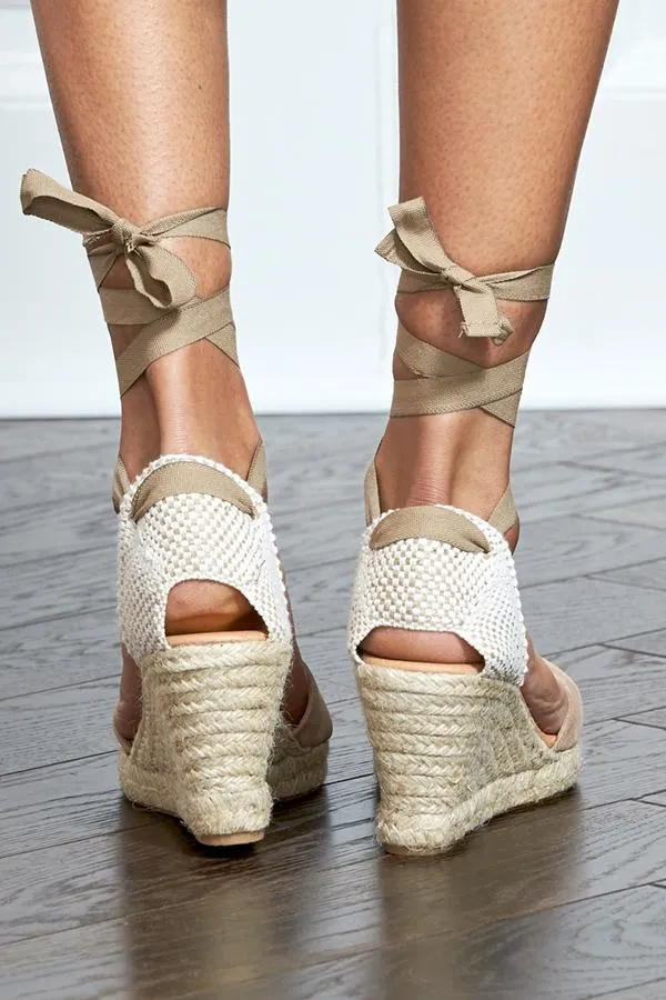 Sosandar Sandals and Flip Flops Women Pippa Taupe Cross Over Ankle Tie Wrap Wedge Espadrille