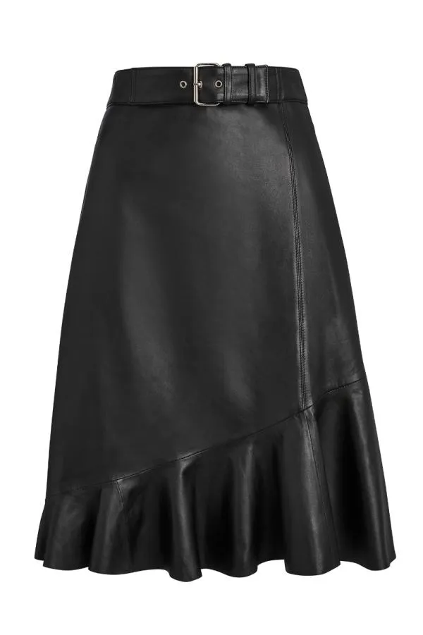 Sosandar Skirts Women Black Leather Asymmetric Ruffle Hem Skirt Black
