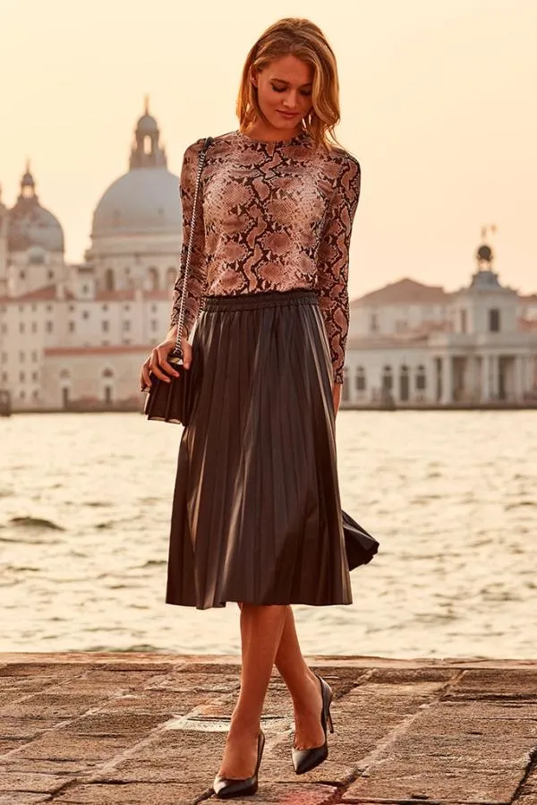 Sosandar Skirts Women Black Leather Look Pleated Midi Skirt Black
