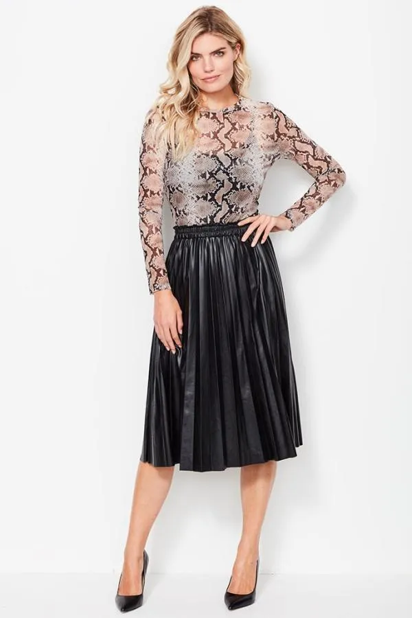 Sosandar Skirts Women Black Leather Look Pleated Midi Skirt Black
