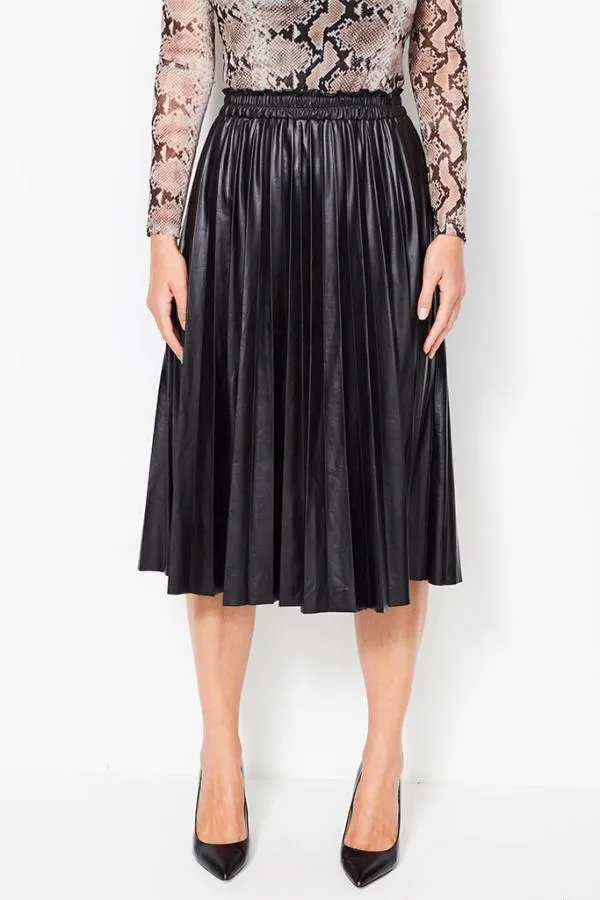Sosandar Skirts Women Black Leather Look Pleated Midi Skirt Black