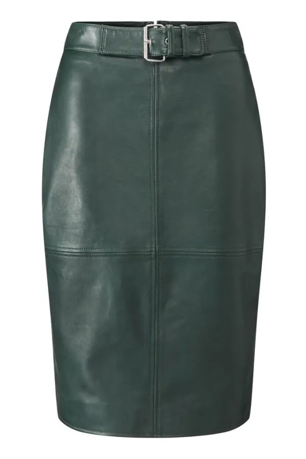 Sosandar Skirts Women Dark Green Leather Buckle Detail Pencil Skirt Dark Green