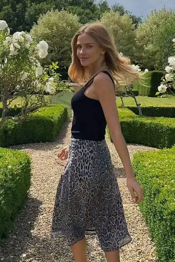 Sosandar Skirts Women Grey Leopard Print Midi Skirt Grey