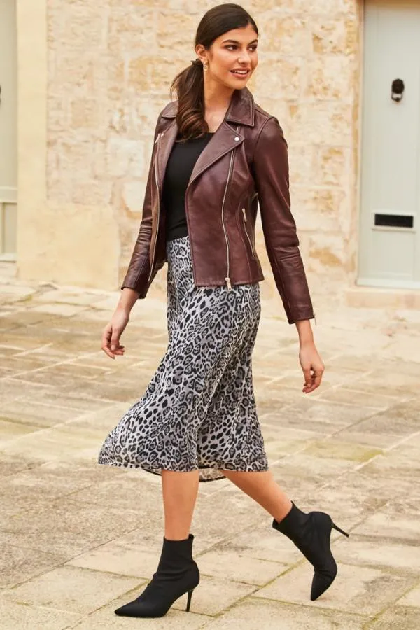 Sosandar Skirts Women Grey Leopard Print Midi Skirt Grey