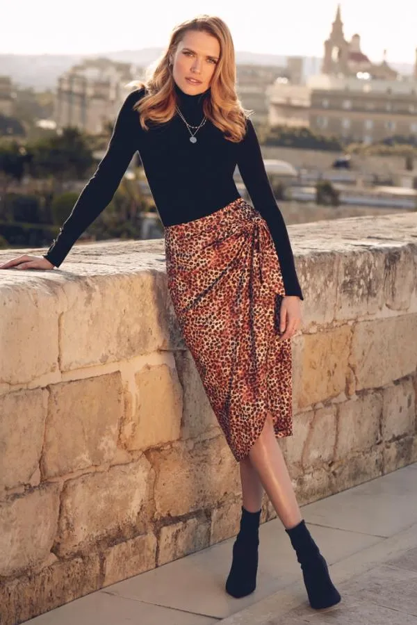 Sosandar Skirts Women Leopard Print Tie Front Wrap Skirt