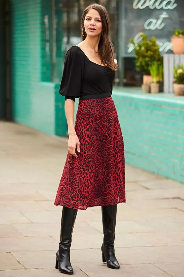 Sosandar Skirts Women Red Leopard Print Midi Skirt Red