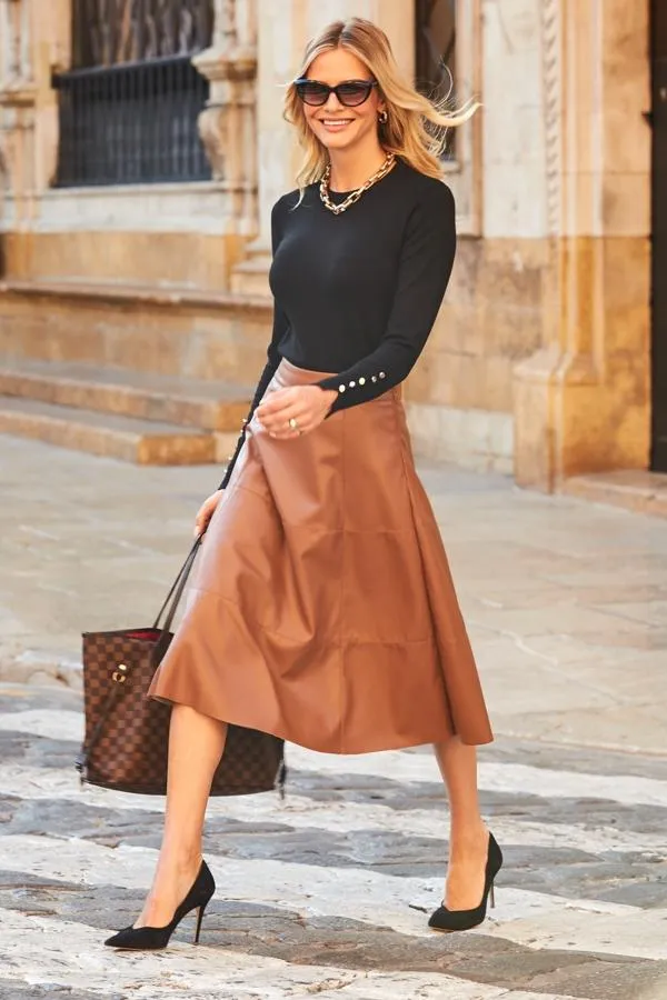 Sosandar Skirts Women Tan Leather Look Panelled A Line Midi Skirt Tan