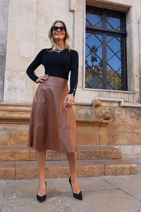 Sosandar Skirts Women Tan Leather Look Panelled A Line Midi Skirt Tan