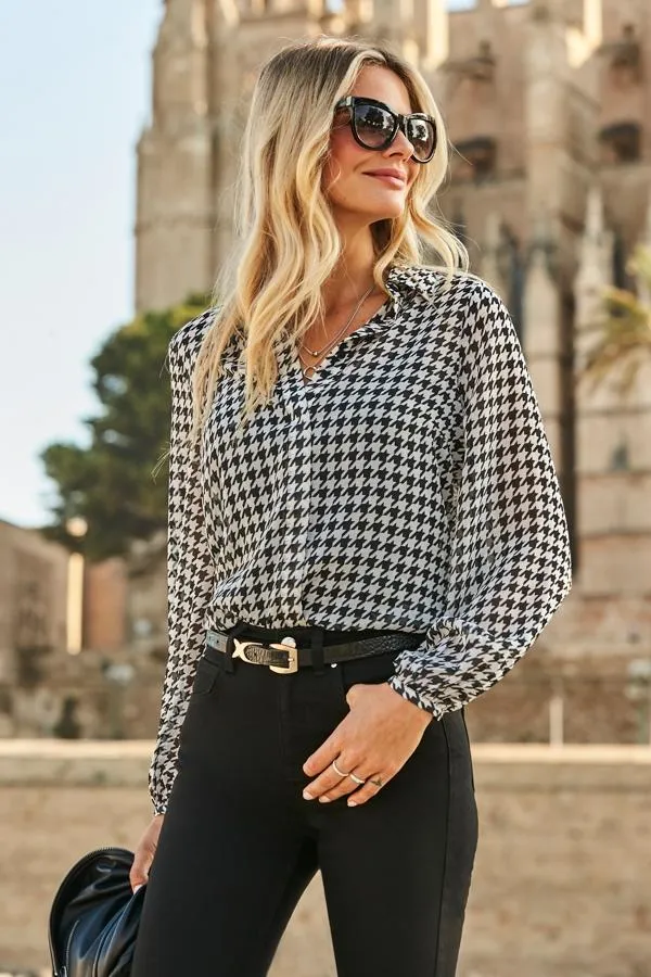 Sosandar Tops Women Black and White Dogtooth Print Shirt Black White