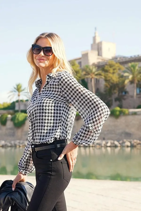 Sosandar Tops Women Black and White Dogtooth Print Shirt Black White