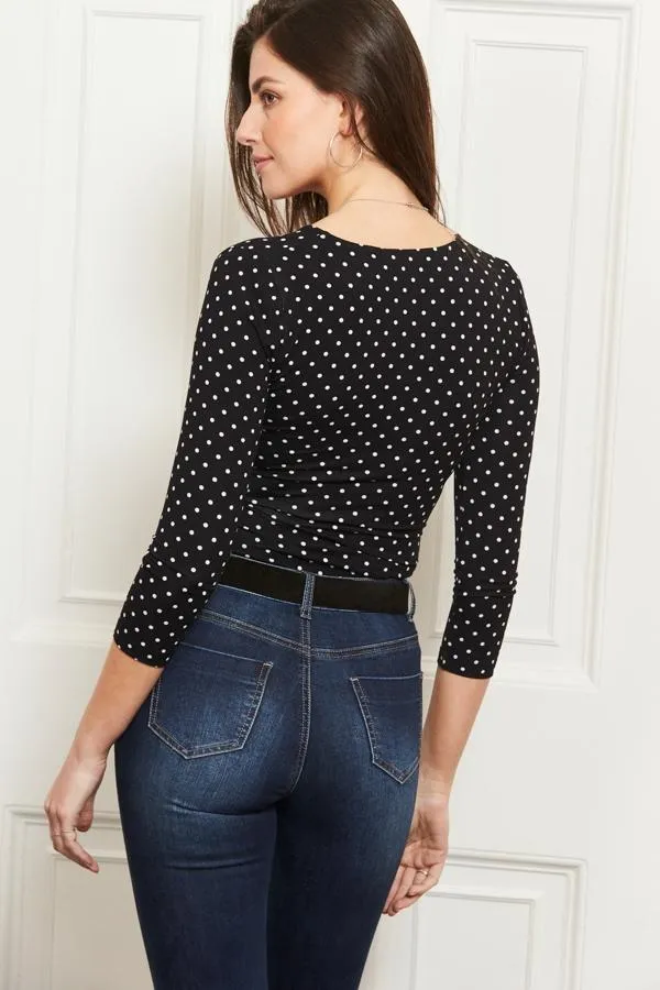 Sosandar Tops Women Black and White Polka Dot Faux Wrap Jersey Top Black White
