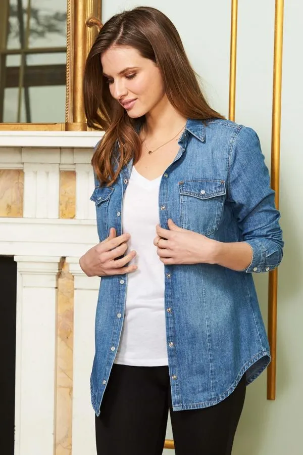 Sosandar Tops Women Blue Denim Relaxed Fit Popper Front Shirt Blue