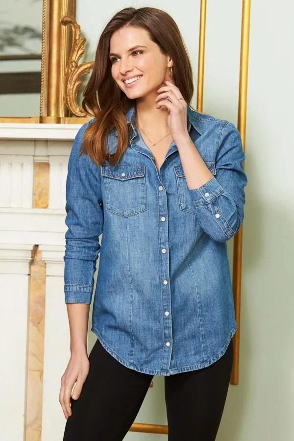 Sosandar Tops Women Blue Denim Relaxed Fit Popper Front Shirt Blue
