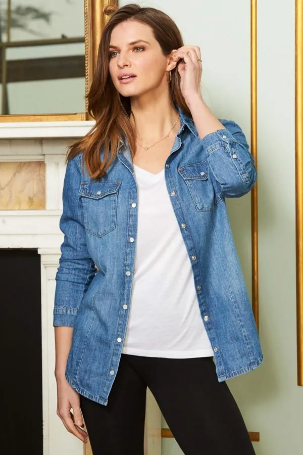 Sosandar Tops Women Blue Denim Relaxed Fit Popper Front Shirt Blue