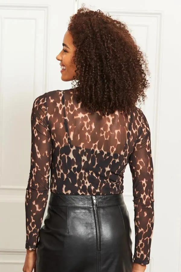 Sosandar Tops Women Chocolate Animal Print Mesh Top