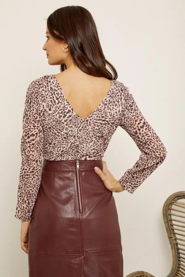 Sosandar Tops Women Chocolate Leopard Print Ruched Shoulder Top