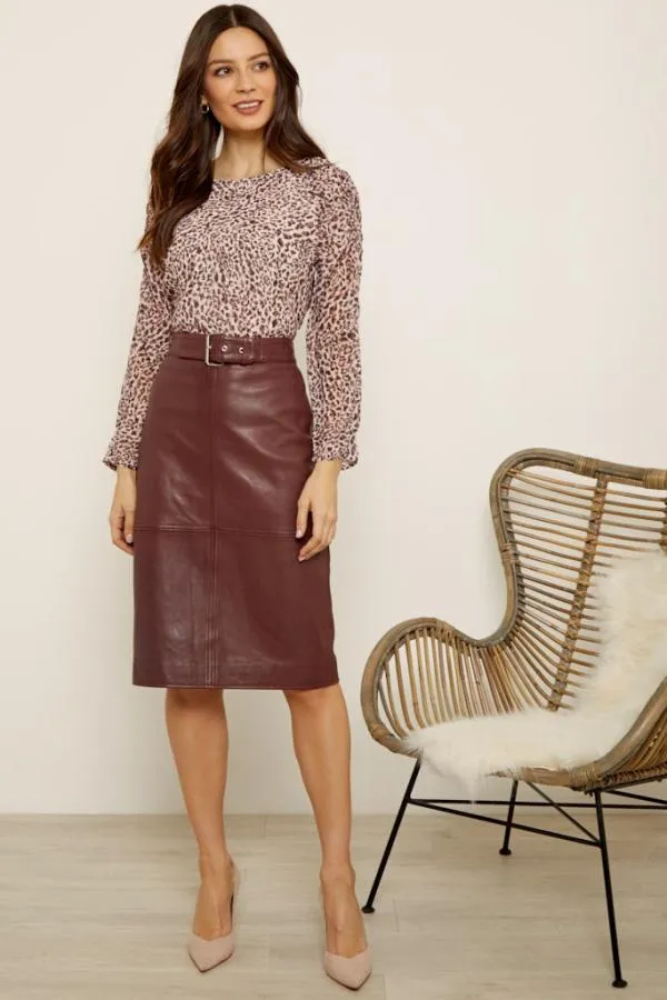 Sosandar Tops Women Chocolate Leopard Print Ruched Shoulder Top