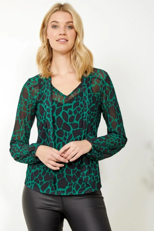 Sosandar Tops Women Green and Black Morocco Print Tie Neck Detail Top Green Black