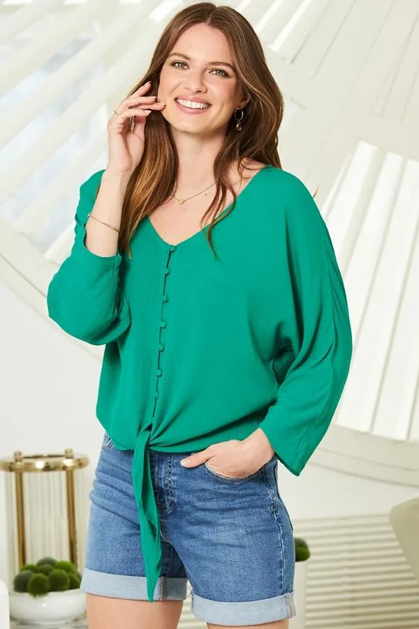 Sosandar Tops Women Jade Green Button Front Tie Waist Top Green