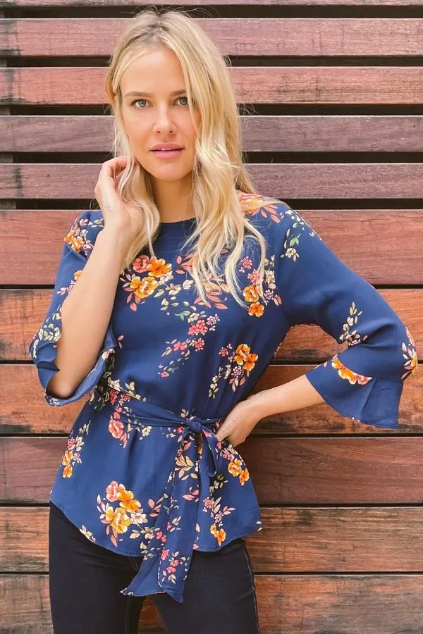 Sosandar Tops Women Navy Floral Tie Waist Fluted Sleeve Top Navy