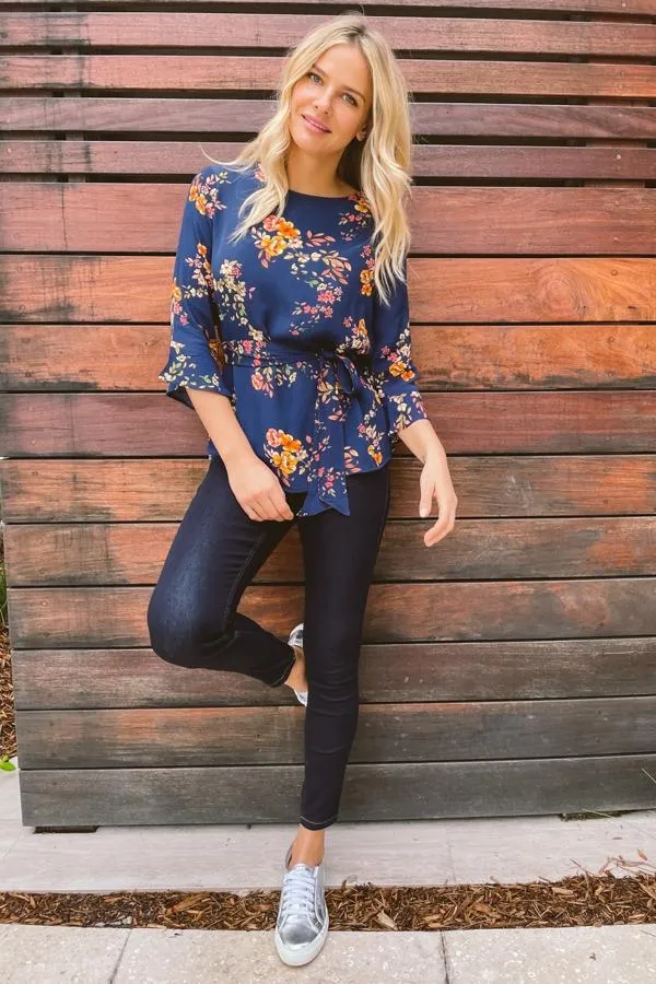 Sosandar Tops Women Navy Floral Tie Waist Fluted Sleeve Top Navy