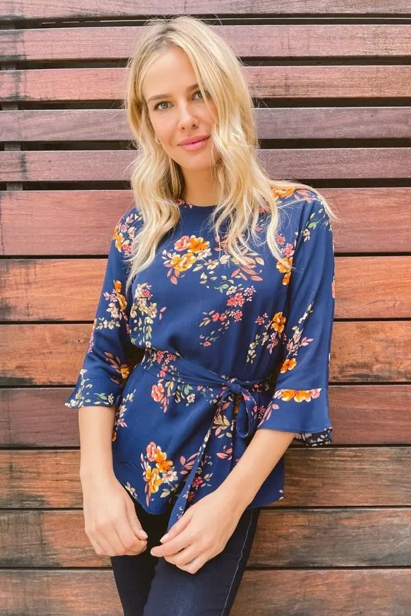 Sosandar Tops Women Navy Floral Tie Waist Fluted Sleeve Top Navy