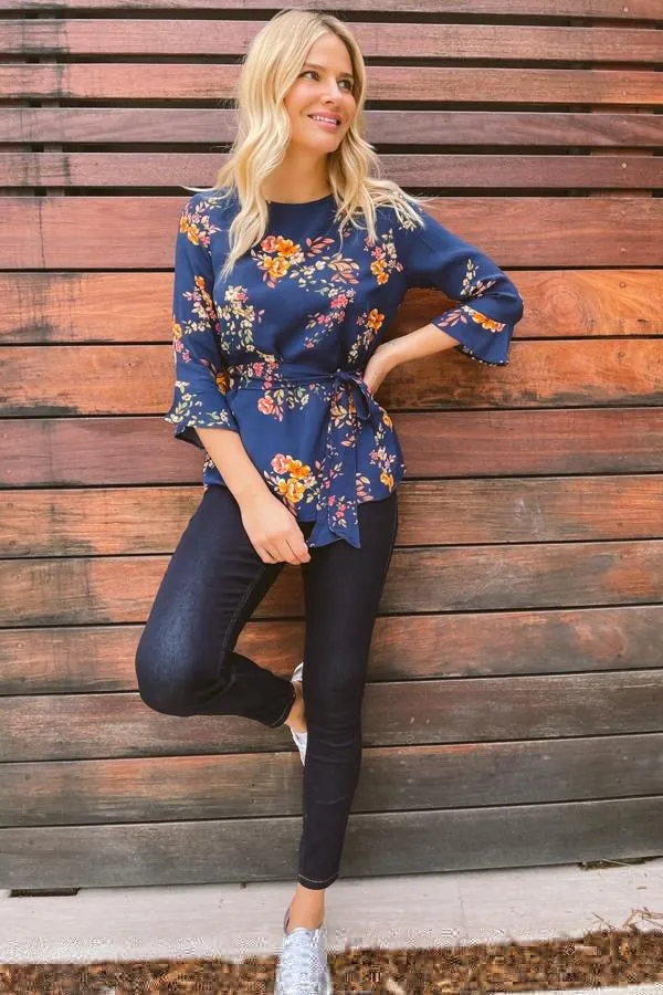 Sosandar Tops Women Navy Floral Tie Waist Fluted Sleeve Top Navy