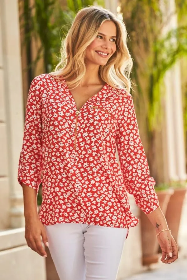 Sosandar Tops Women Red and White Ditsy Floral Print Tunic Top Red White