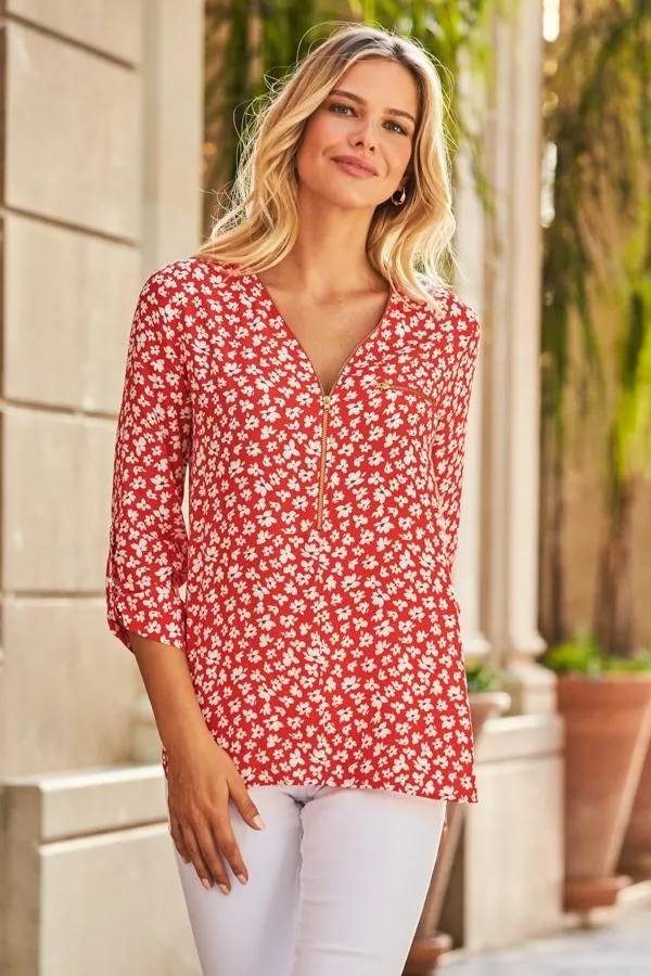 Sosandar Tops Women Red and White Ditsy Floral Print Tunic Top Red White