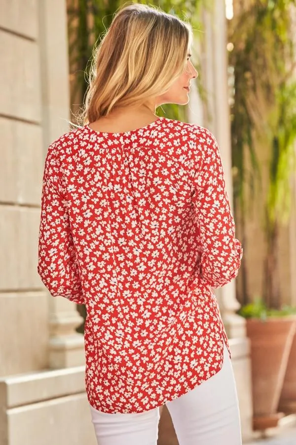 Sosandar Tops Women Red and White Ditsy Floral Print Tunic Top Red White