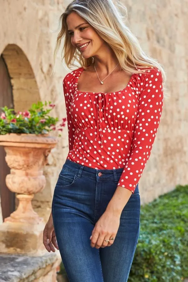 Sosandar Tops Women Red and White Spot Print Ruched Neck Sleeve Top Red White