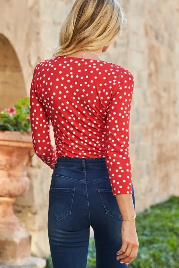 Sosandar Tops Women Red and White Spot Print Ruched Neck Sleeve Top Red White
