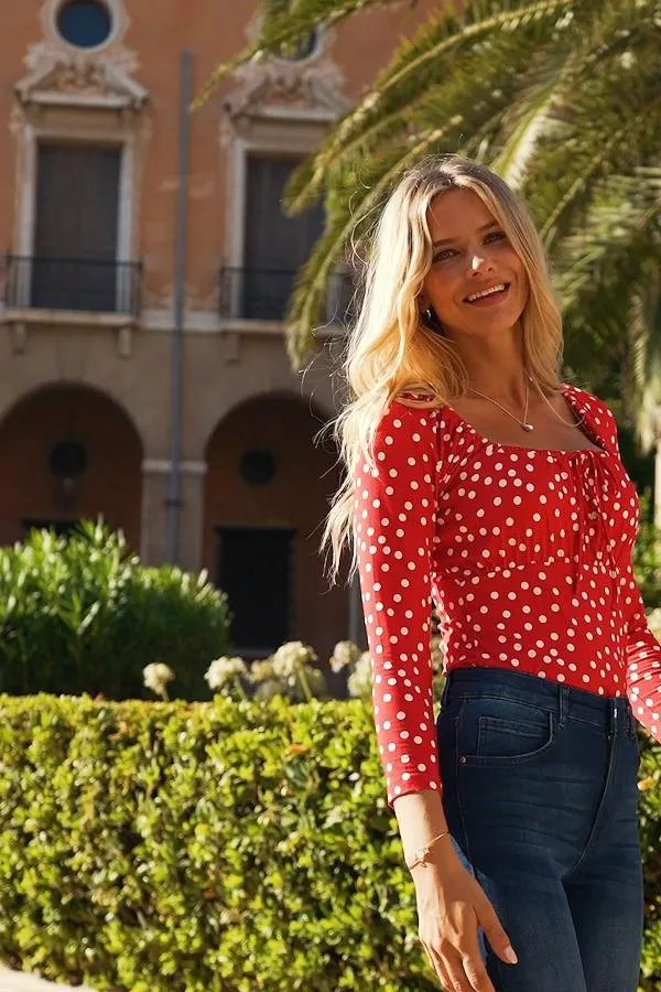 Sosandar Tops Women Red and White Spot Print Ruched Neck Sleeve Top Red White