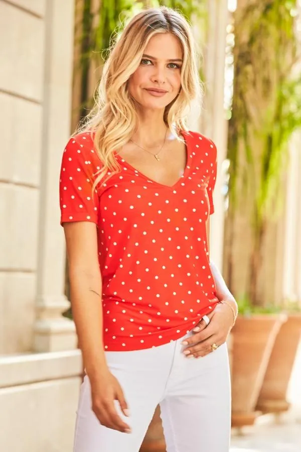 Sosandar Tops Women Red and White Spot Print V Neck T Shirt Red White