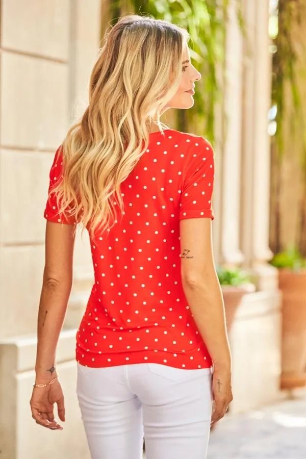 Sosandar Tops Women Red and White Spot Print V Neck T Shirt Red White