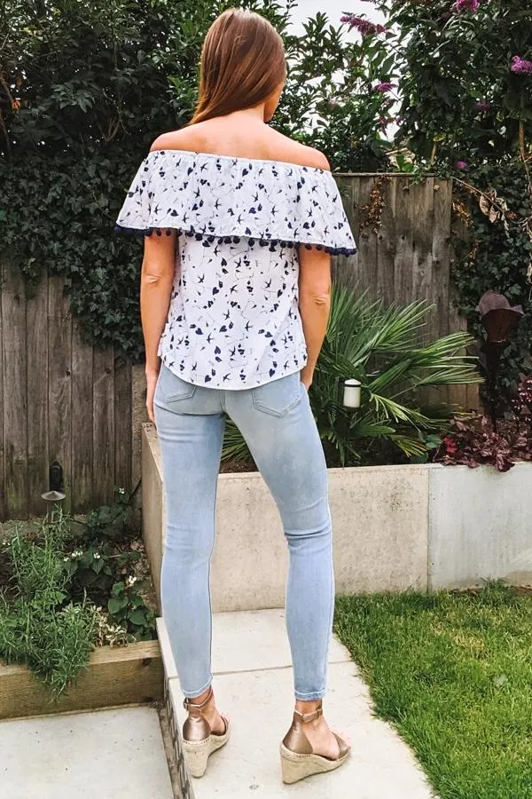 Sosandar Tops Women White and Navy Bardot Top With Pom Pom Trim White Navy