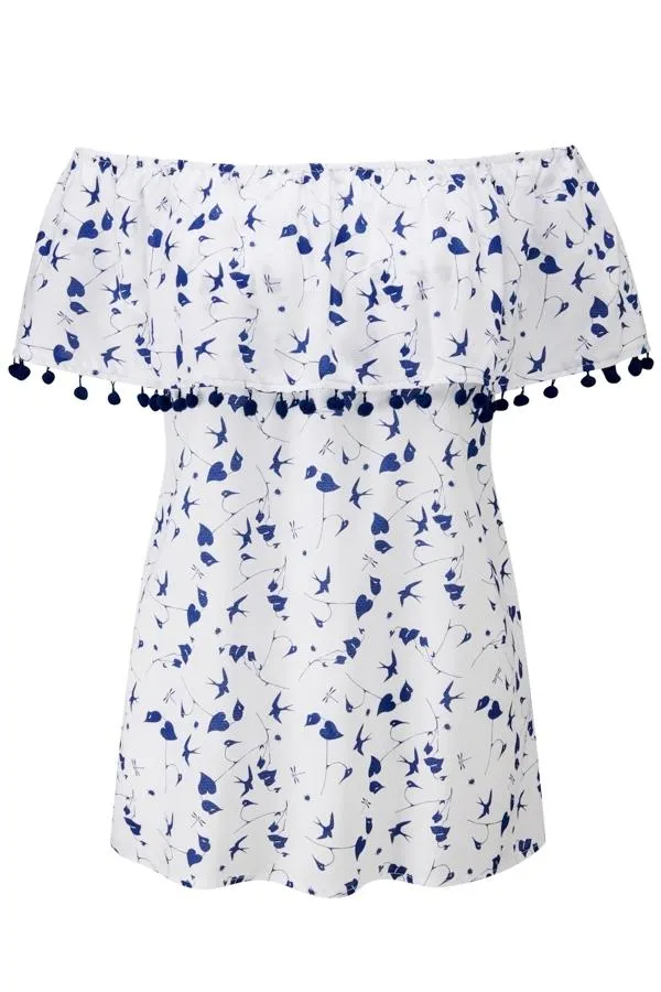 Sosandar Tops Women White and Navy Bardot Top With Pom Pom Trim White Navy