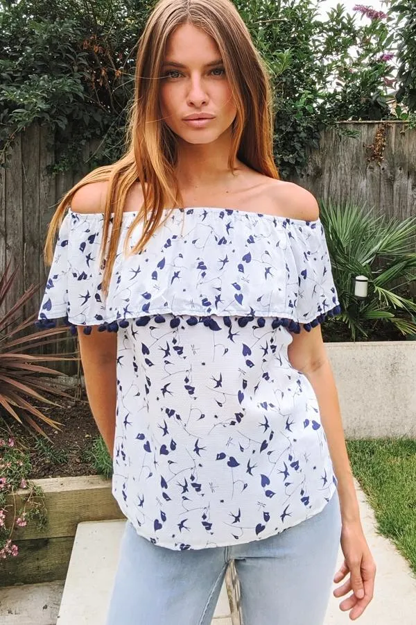 Sosandar Tops Women White and Navy Bardot Top With Pom Pom Trim White Navy